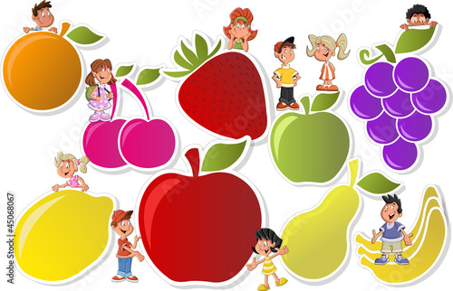 Vektor: Colorful template for brochure with fruits and cartoon children Colorful template for brochure with fruits and cartoon children