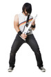 "Young man playing guitar video game and screaming, studio shot"
