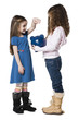 "Two girls (4-7) putting money in piggy bank, studio shot"