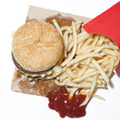 "French fries and hamburger, studio shot"