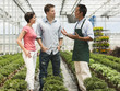 "USA, Utah, Salem, couple talking to gardener in plant nursery"