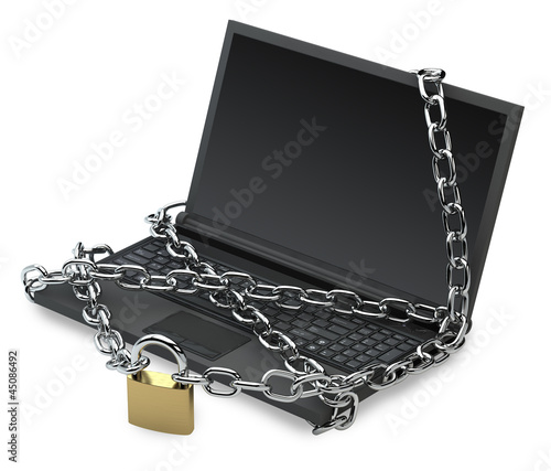 Illustration: Laptop secured, metal chain and locked Laptop secured, metal chain and locked