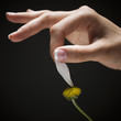 Young woman's hand plucking petal from flower