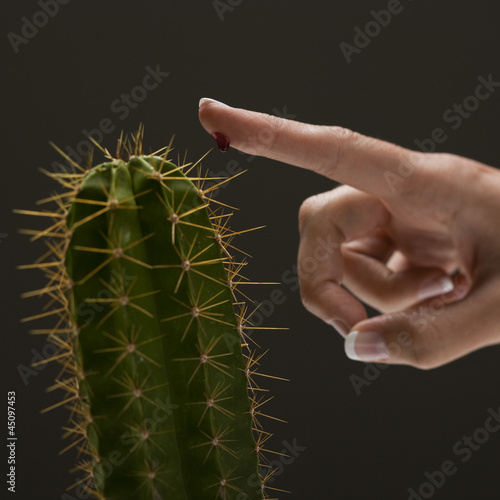 Photo: Young woman's hand touching cactus spike Young woman's hand touching cactus spike