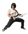 "Young man playing guitar video game, portrait"