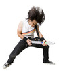 "Young man playing guitar video game, portrait"