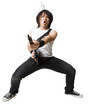 "Young man playing guitar video game, portrait"