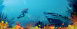 Colored coral reef with fish and diver