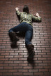 Studio shot of young woman climbing up brick wall