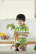 USA, Utah, Smiling boy (4-5) holding bunch of carrot
