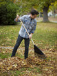 "USA, Utah, Provo, Young man raking leaves in garden"