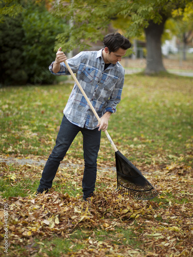 Photo: "USA, Utah, Provo, Young man raking leaves in garden" "USA, Utah, Provo, Young man raking leaves in garden"