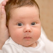 Portrait of a newborn baby close-up. Child has beautiful eyes