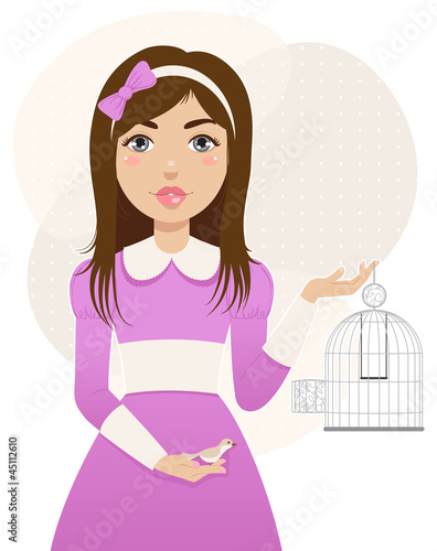 Vector: beautiful girl in the purple dress frees the bird beautiful girl in the purple dress frees the bird