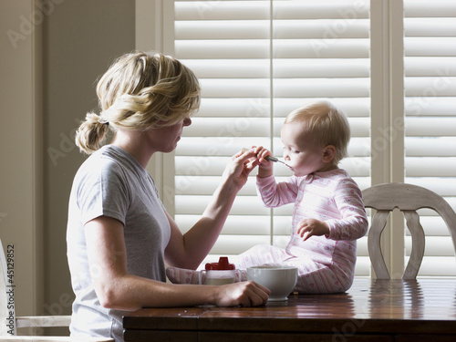 Photo: mother and baby girl at the breakfast table mother and baby girl at the breakfast table