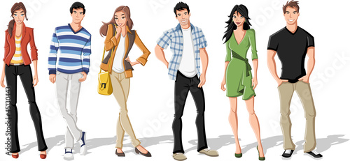 Vector: Group of fashion cartoon young people. Teenagers. Group of fashion cartoon young people. Teenagers.