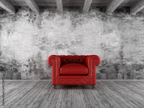Illustration: grunge interior with red armchair grunge interior with red armchair