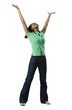 woman in green shirt with arms outstretched