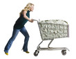 woman with a shopping cart full of money