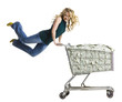 woman with a shopping cart full of money