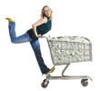 woman with a shopping cart full of money