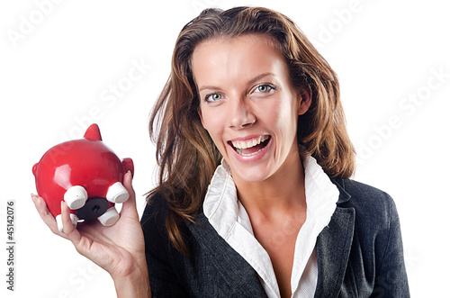 Photo: Woman with piggybank on white Woman with piggybank on white