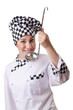 Woman cook with ladle on white