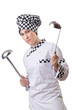 Woman cook with ladle on white