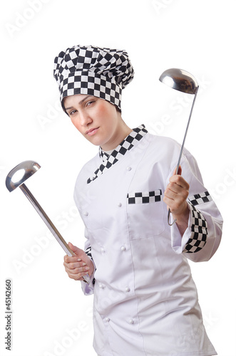 Photo: Woman cook with ladle on white Woman cook with ladle on white
