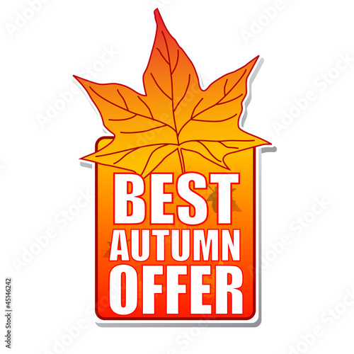 Illustration: best autumn offer label with leaf best autumn offer label with leaf