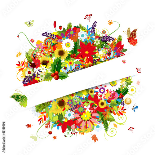 Vector: Gift card design with floral bouquet, four seasons Gift card design with floral bouquet, four seasons