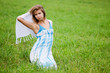 The beautiful woman in a blue dress in the field