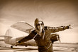 Happy young woman with raised hands  flying on airporte,