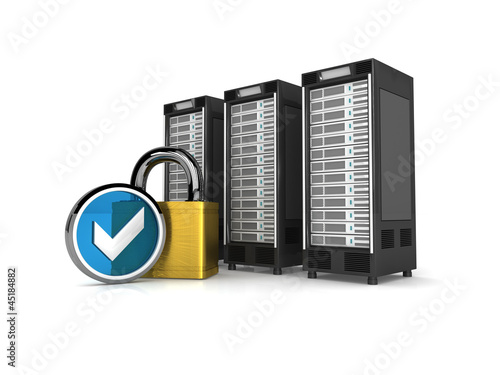 Illustration: drei Server mit Siegel und Schloss blau drei Server mit Siegel und Schloss blau