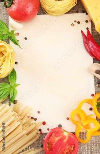 Photo: paper for recipes, spaghetti with vegetables and spices, paper for recipes, spaghetti with vegetables and spices,