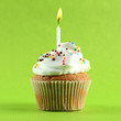 tasty birthday cupcake with candle, on green background