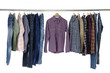 man clothes and trousers of different colors on hangers