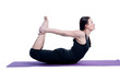 woman in a traditional yoga pose on white background