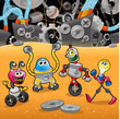 Robots with background. Cartoon and vector illustration.