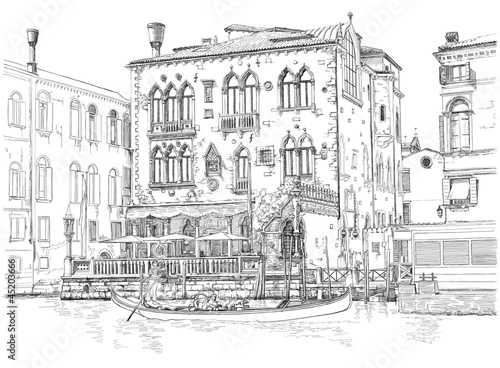 Vector: Venice - Grand Canal. Ancient building & gondola. Vector drawing Venice - Grand Canal. Ancient building & gondola. Vector drawing
