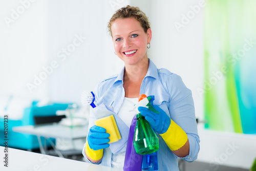 Photo: fleißige hausfrau mit putzmittel fleißige hausfrau mit putzmittel