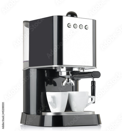 Photo: Espresso coffee machine with two cups on white Espresso coffee machine with two cups on white