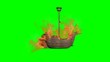 Burning ship floating with green screen