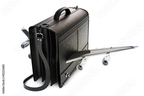 Illustration: Traveling business black leather suitcase with wings Traveling business black leather suitcase with wings
