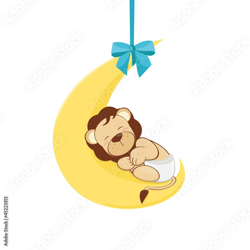 Vector: baby shower - baby lion sleeps on the moon baby shower - baby lion sleeps on the moon