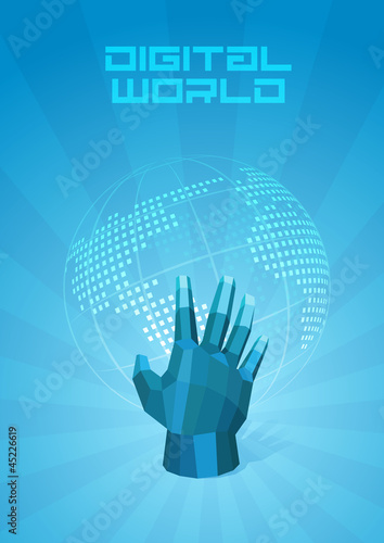 Vector: Digital World dotted map. Hand touches the globe. Concept. Digital World dotted map. Hand touches the globe. Concept.