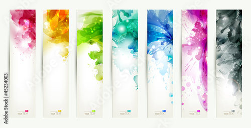 set of seven varicolored banners, abstract headers with blots