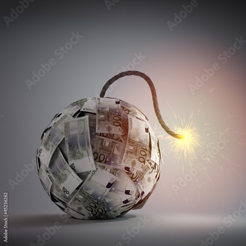 Illustration: Ball of Euro bills shaped like an old bomb Ball of Euro bills shaped like an old bomb