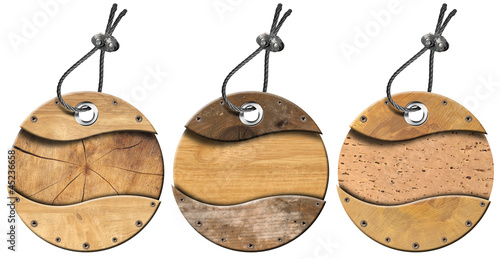 Illustration: Set of Grunge Circular Wooden Tags - 3 items Set of Grunge Circular Wooden Tags - 3 items