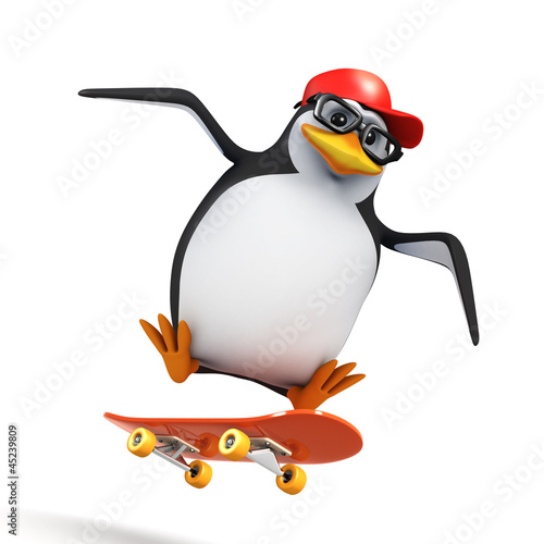 Illustration: 3d Penguin in baseball cap does skateboard jump 3d Penguin in baseball cap does skateboard jump